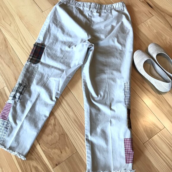 Upcycled Cropped Boho Patchwork Khaki Pants, Travel Leisure Women's Size 10 - Picture 3 of 14